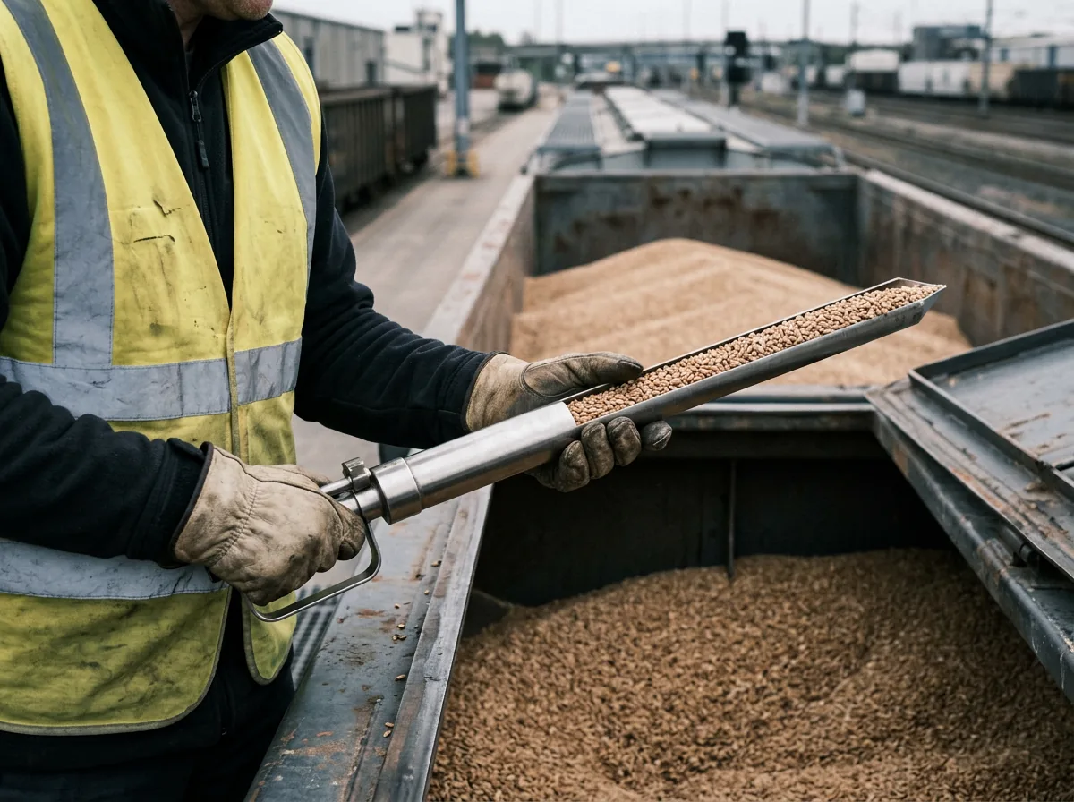 Surveyor drawing a grain sample from a railcar hatch