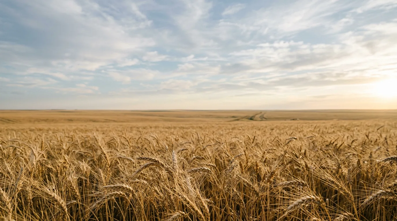 Ripening wheat field on the Kazakh steppe under a wide sky